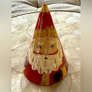Adorable Vintage Wooden Hand Painted Cone Shaped Santa tiny Ornament